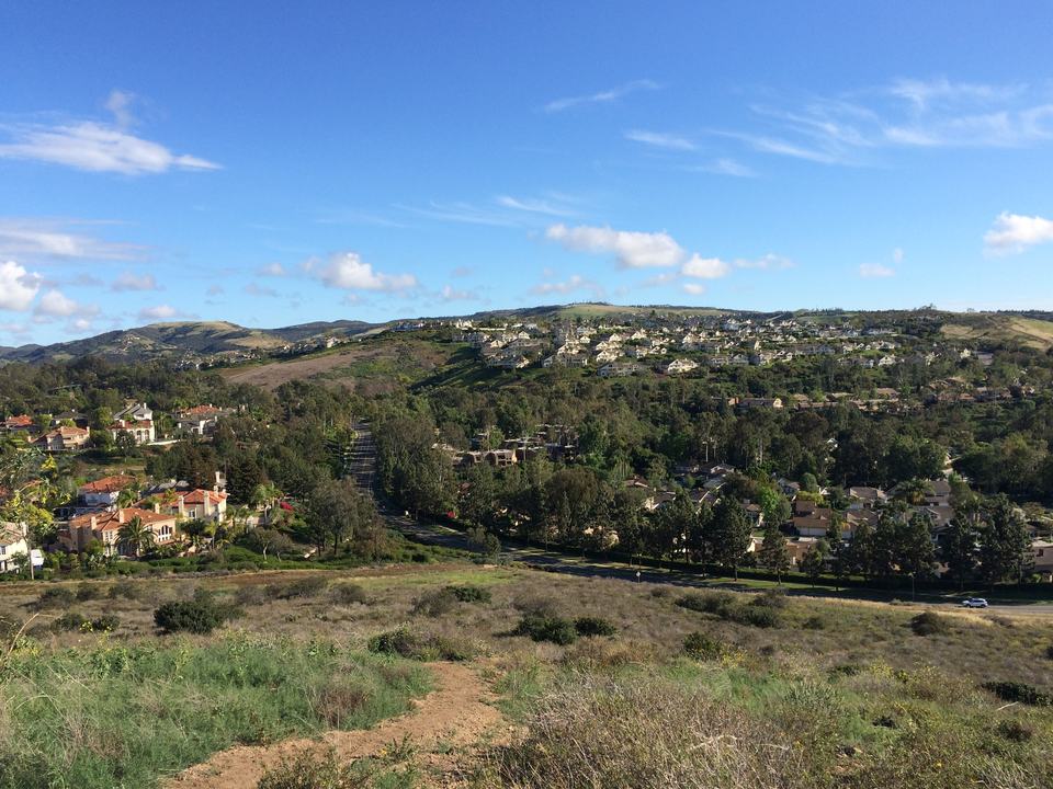 Daytime aerial of Turtle Rock homes in Irvine, with the Santa Ana Mountains